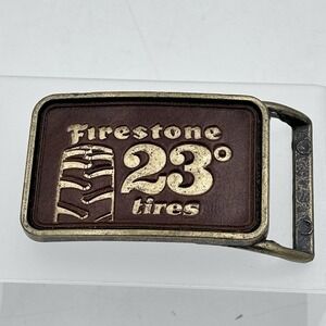 Vintage Firestone 23° Tires Belt Buckle Brass &‎ Leather Look 3.25" Wide